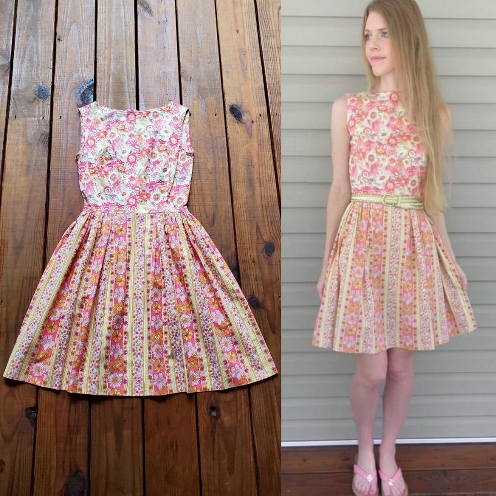 XS/S retro vintage 60's 70's pink floral dress